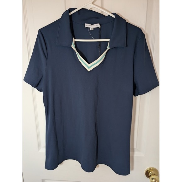 Sincerely Jules Polo Shirt V-Neck Short Sleeve Top Casual‎ Blue Size M New - Picture 1 of 7